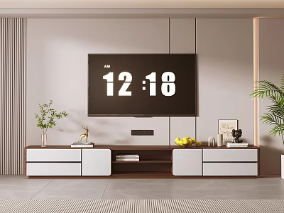 Modern TV Stand Design With TV Plants Decor And Storage Drawers 3d model