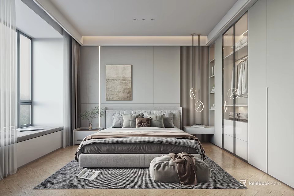 Modern Bedroom Interior Design With Platform Bed Glass Door Wardrobe Decorative Painting And Area Rug 3d model 