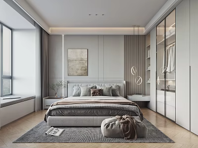 Modern Bedroom Interior Design With Platform Bed Glass Door Wardrobe Decorative Painting And Area Rug 3d model