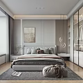Modern Bedroom Interior Design With Platform Bed Glass Door Wardrobe Decorative Painting And Area Rug