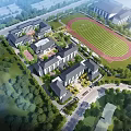 School Buildings On Campus With Green Lawn Sports Track And Surrounding Trees