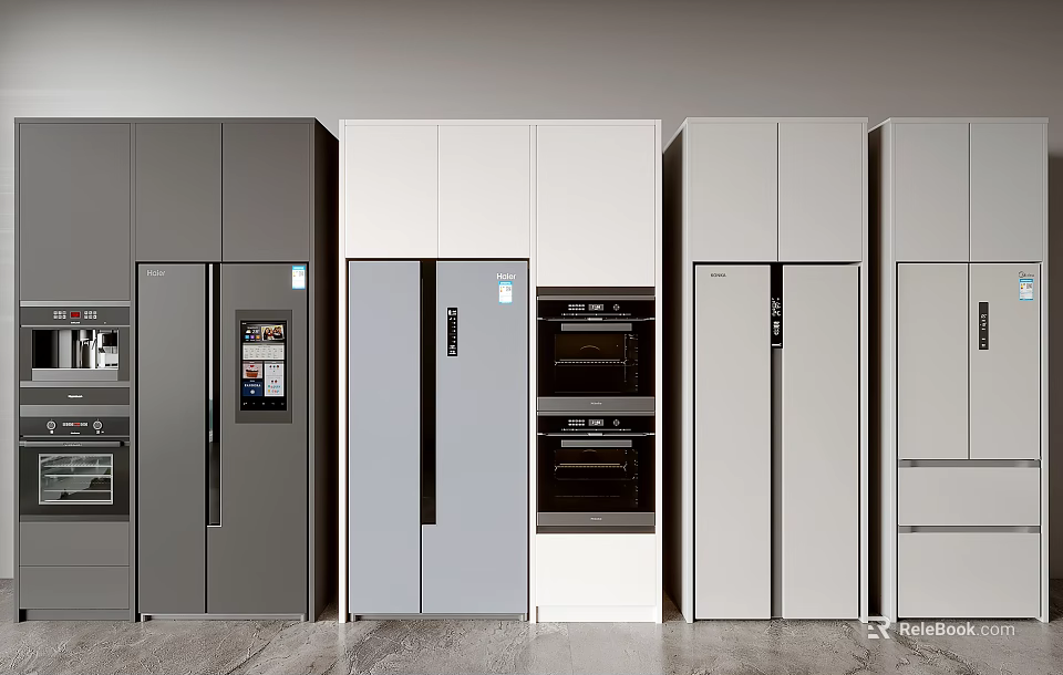 Modern Contemporary Kitchen Interior With Gray White Built In Refrigerators 3d model 