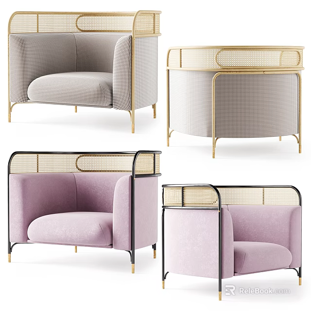 Modern Public Chairs With Gray Checkered Fabric Pink Upholstery Golden Black Frames And Rattan Backrests 3d model 