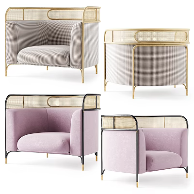 Modern Public Chairs With Gray Checkered Fabric Pink Upholstery Golden Black Frames And Rattan Backrests 3d model