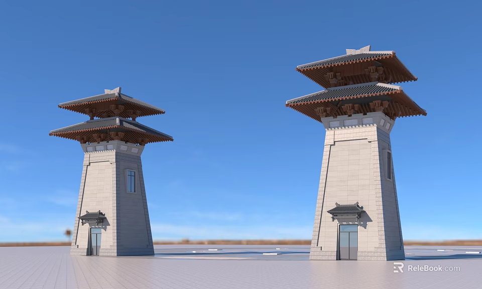Ancient Architecture Twin Towers With Traditional Roof And Gray Stone Walls In Open Square 3d model 