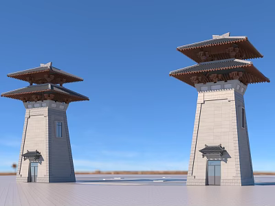 Ancient Architecture Twin Towers With Traditional Roof And Gray Stone Walls In Open Square 3d model