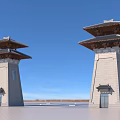 Ancient Architecture Twin Towers With Traditional Roof And Gray Stone Walls In Open Square