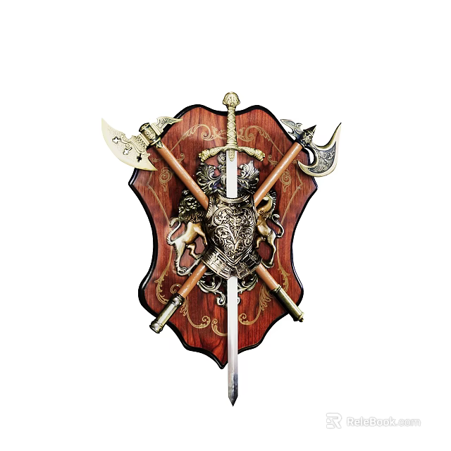 Vintage Shield Wall Hanging with Crossed Sword Axe Ornate Carvings Wooden Metal Gold Accents 3d model 