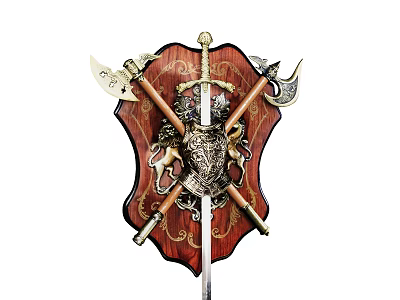 Vintage Shield Wall Hanging with Crossed Sword Axe Ornate Carvings Wooden Metal Gold Accents 3d model