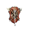 Vintage Shield Wall Hanging with Crossed Sword Axe Ornate Carvings Wooden Metal Gold Accents