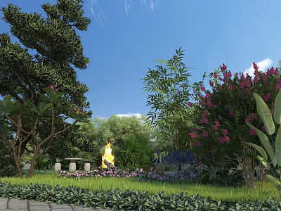 Vibrant Flower Garden With Purple Blooms Green Trees And Yellow Sculpture Under Blue Sky 3d model