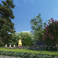 Vibrant Flower Garden With Purple Blooms Green Trees And Yellow Sculpture Under Blue Sky