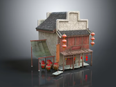 Cartoon Scene Chinese Traditional Building With Tile Roof Wooden Facade Red Lanterns And Earthen Jars 3d model