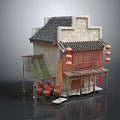 Cartoon Scene Chinese Traditional Building With Tile Roof Wooden Facade Red Lanterns And Earthen Jars