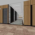 Modern Office Front Desk Reception With Wooden Walls Carpeted Corridor And Ceiling Details