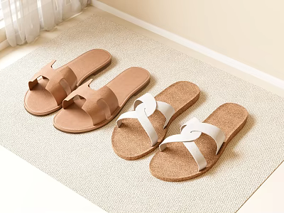 Comfortable Home Leather and Cotton Slippers in Brown Beige with White Straps on Indoor Rug 3d model