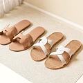 Comfortable Home Leather and Cotton Slippers in Brown Beige with White Straps on Indoor Rug