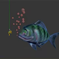 Colorful Fish With Green Blue Scales Big Eyes Bubbles Red Bait Fishhook And Dark Background