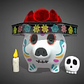 Decorative Ornament Set With Skull Design Piggy Bank Colorful Patterns Sombrero Hat And Candle