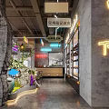 Industrial Style Restaurant With Neon Signs Chinese English Signs And Red White Striped Floor