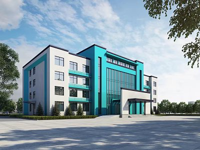 Modern Office Building With Teal White Exterior Multiple Windows Spacious Plaza And Surrounding Trees 3d model