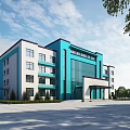Modern Office Building With Teal White Exterior Multiple Windows Spacious Plaza And Surrounding Trees