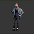Man With Tattoos In Denim Vest And Dark Tank Top Gesturing On Gray Background