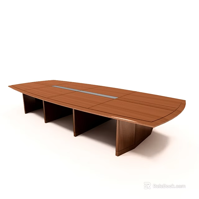 Modern Office Conference Table Oval Shaped Wooden Top With Central Metal Strip And Brown Legs 3d model 