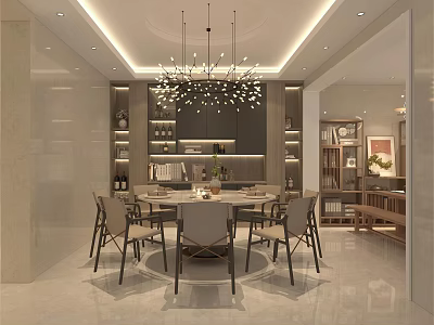 Elegant Modern Restaurant Interior With Round Dining Table Chairs Chandelier And Display Shelves 3d model