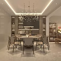 Elegant Modern Restaurant Interior With Round Dining Table Chairs Chandelier And Display Shelves