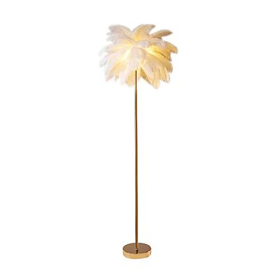 Modern Floor Lamp with White Feather Shade and Golden Metal Pole 3d model
