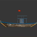Traditional Wooden Boat With Blue Roof Small Cabin Red Flag And Yellow Trim