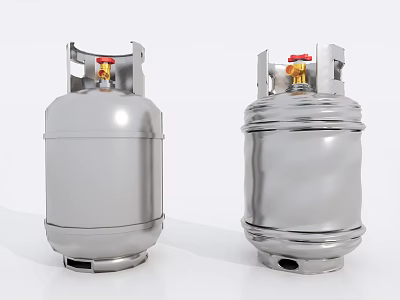Two Silver Metallic Gas Cylinders With Red Valves And Handle Design 3d model