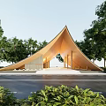 Modern Garden Landscape Featuring Triangular Wooden Roof Structure With Surrounding Trees And Greenery