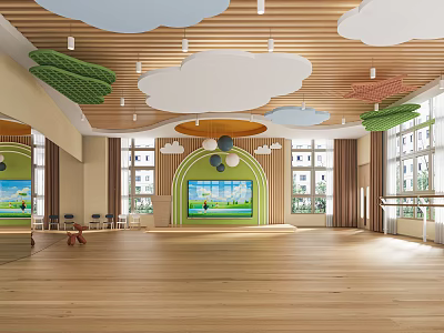Spacious Dance Studio With Wooden Floor And Colorful Ceiling 3d model