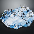 Snow Covered Terrain With Scattered Dead Tree Trunks And Frozen Landscape Features