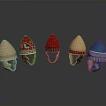 Decorative Helmets In Various Colors With Patterns Straps Arranged On Gray Background And Reflections 3d model