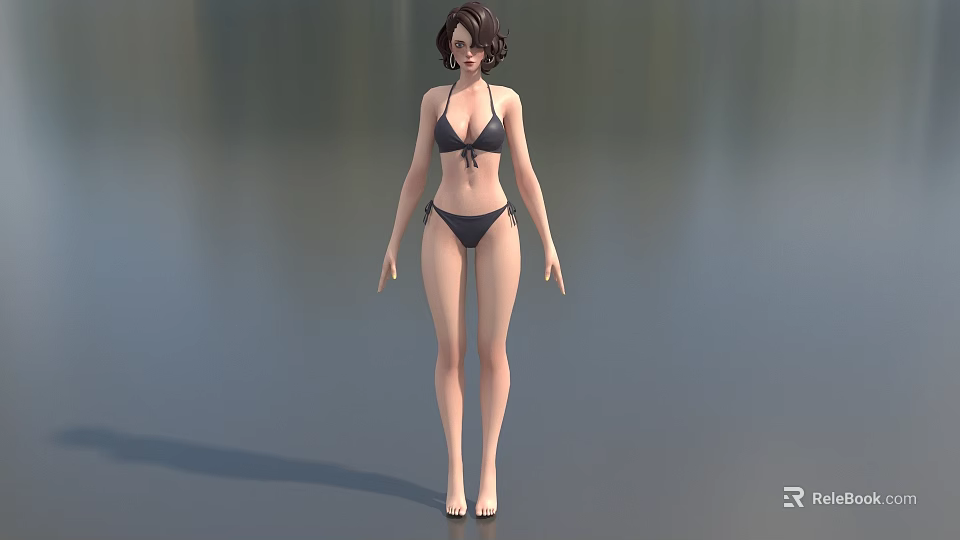Female Game and Movie Character Standing in Black Bikini Pose 3D Model with Short Hair 3d model 