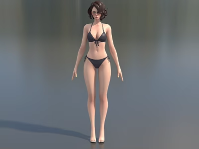 Female Game and Movie Character Standing in Black Bikini Pose 3D Model with Short Hair 3d model