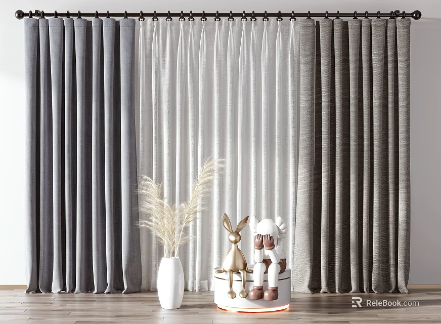 Grey Thick Curtains And White Sheer Curtains For Modern Interior Decor With Decorative Items 3d model 