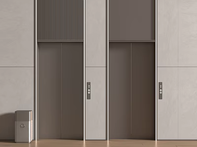 Side by Side Modern Elevators With Metal Panels And Gray Walls Near Trash Bin 3d model