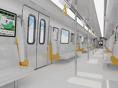 Modern Subway Station Train Interior With White And Yellow Seats Windows Handrails And Posters 3d model