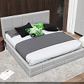 Gray Upholstered Double Bed With Colorful Pillows Round Nightstand And Sea View