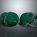 Two Green Worn Helmets With Transparent Visors And Adjustable Leather Straps 3d model