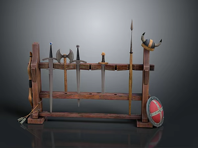Medieval Weapons Collection On Wooden Rack With Swords Axes Spear Helmet And Shield 3d model