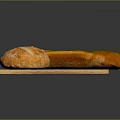 Freshly Baked Golden Round Bread And Crispy Baguette On Wooden Board