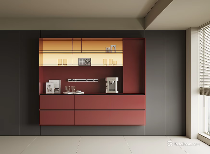 Modern Red Sideboard With Warm Yellow Lighting Coffee Machine Glasses And Dark Walls 3d model 
