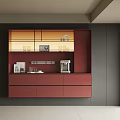 Modern Red Sideboard With Warm Yellow Lighting Coffee Machine Glasses And Dark Walls