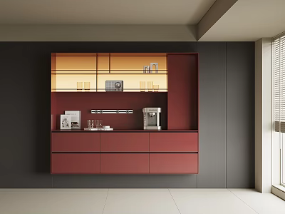 Modern Red Sideboard With Warm Yellow Lighting Coffee Machine Glasses And Dark Walls 3d model