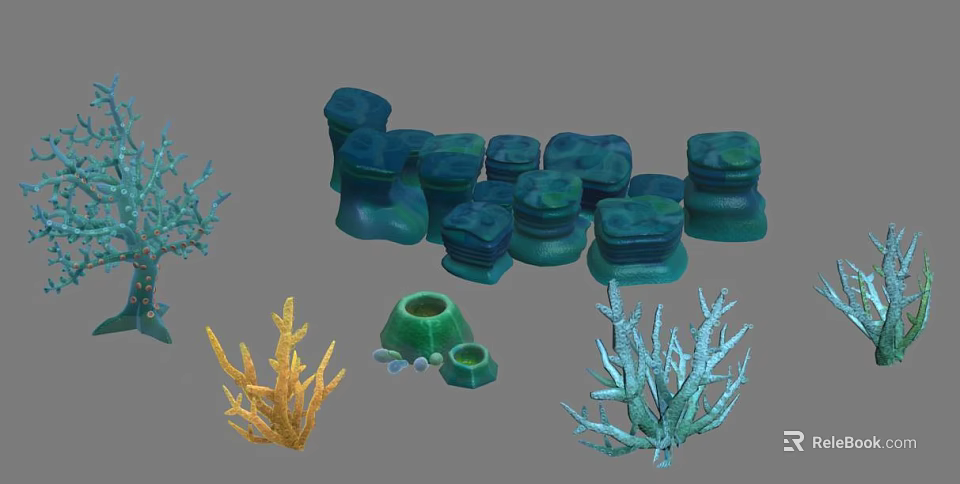 Different Colored Aquatic Plants Including Blue Green Yellow Coral Like and Seagrass Shaped Varieties 3d model 
